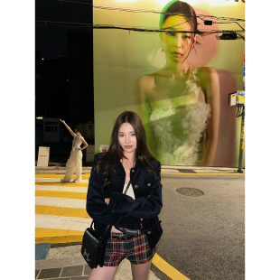 NanaByNana【温莎古堡】复古灯芯绒外套女秋格纹拼接小香风夹克