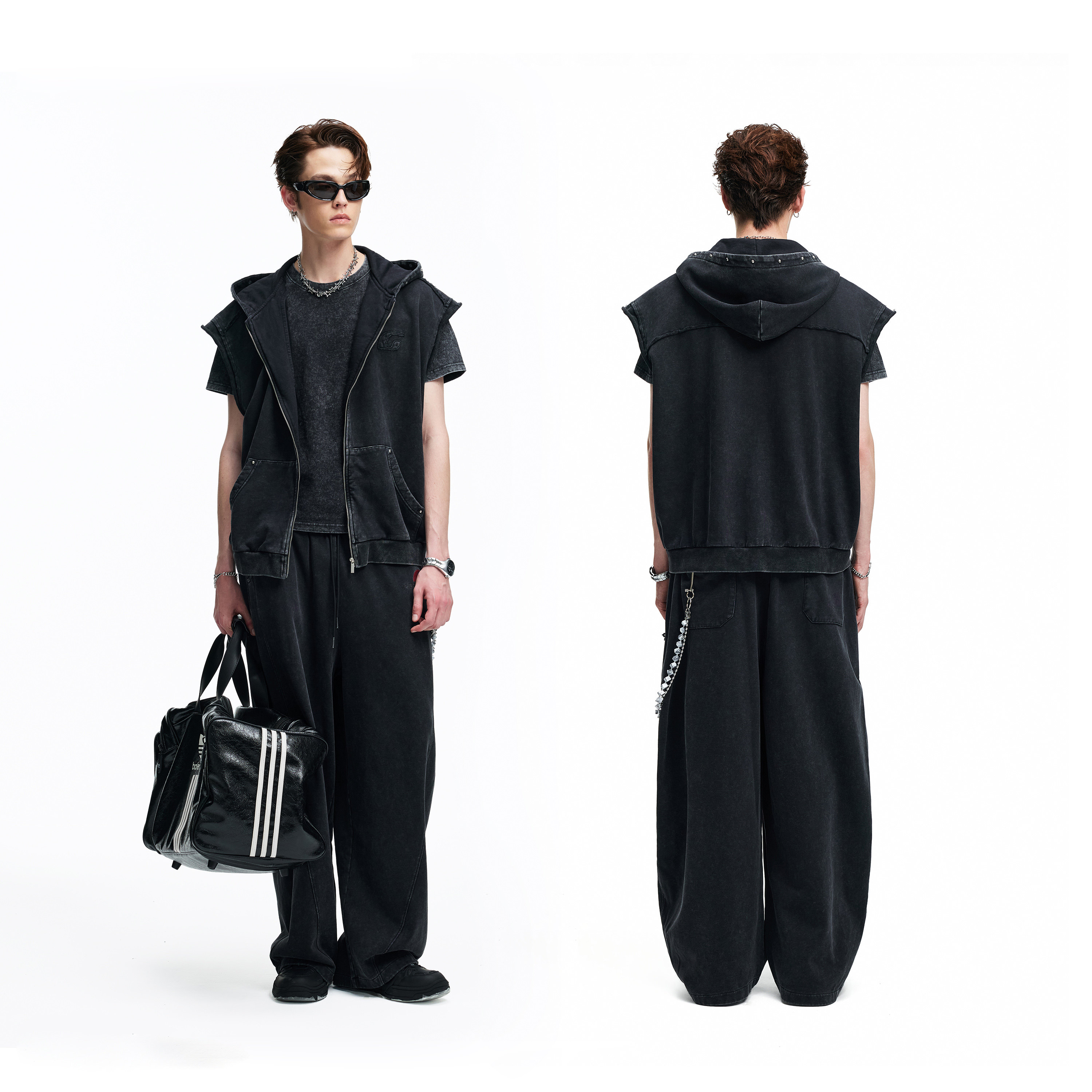 CZPF原创*复古水洗做旧铆钉连帽开衫男马甲 潮牌拉链无袖背心外套