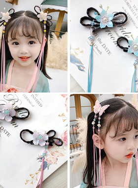 汉服飘带复古风儿童发饰品女童蝴蝶结立体花朵假发夹拍照古装发卡