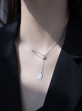 s925纯银别针LUCKY方牌项链 小众设计冷淡风choker锁骨链网红饰品