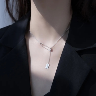 s925纯银别针LUCKY方牌项链 小众设计冷淡风choker锁骨链网红饰品