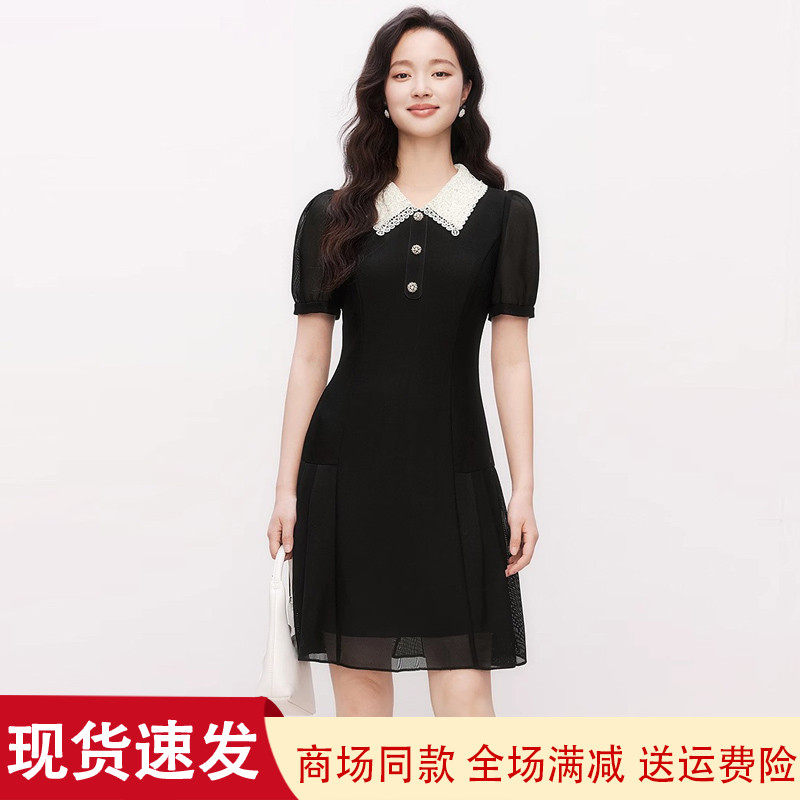 夏季翻领短袖黑色显瘦连衣裙子女