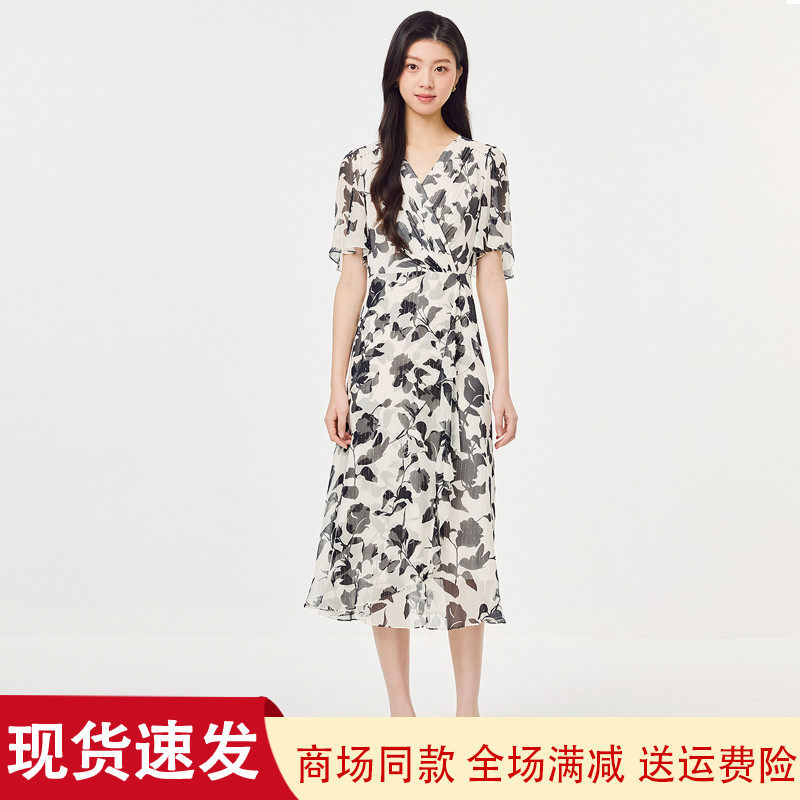 夏季V领短袖显瘦黑白印花连衣裙