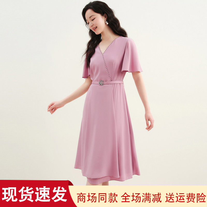 夏季V领短袖修身显瘦长款连衣裙
