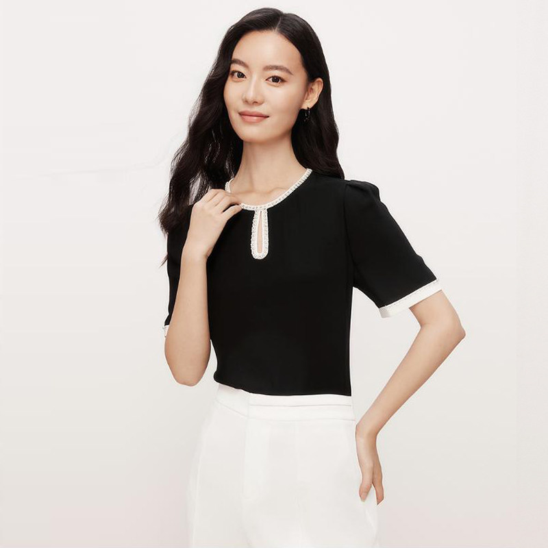 夏季黑色圆领短袖套头衬衫上衣女