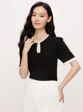 珂莱商场同款2025夏季新款黑色圆领短袖套头衬衫上衣女 KD04244W0