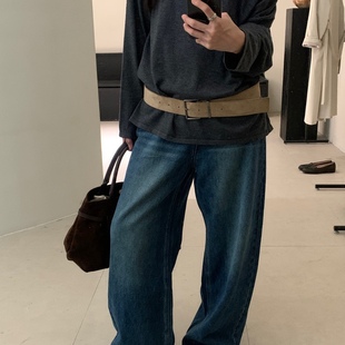 Leaves复古牛仔阔腿裤 女港味韩系高腰显瘦经典 百搭水洗深色九分裤