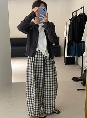 Leaves复古格子气球裤女韩版宽松春秋季洋气慵懒风松紧腰抽绳长裤