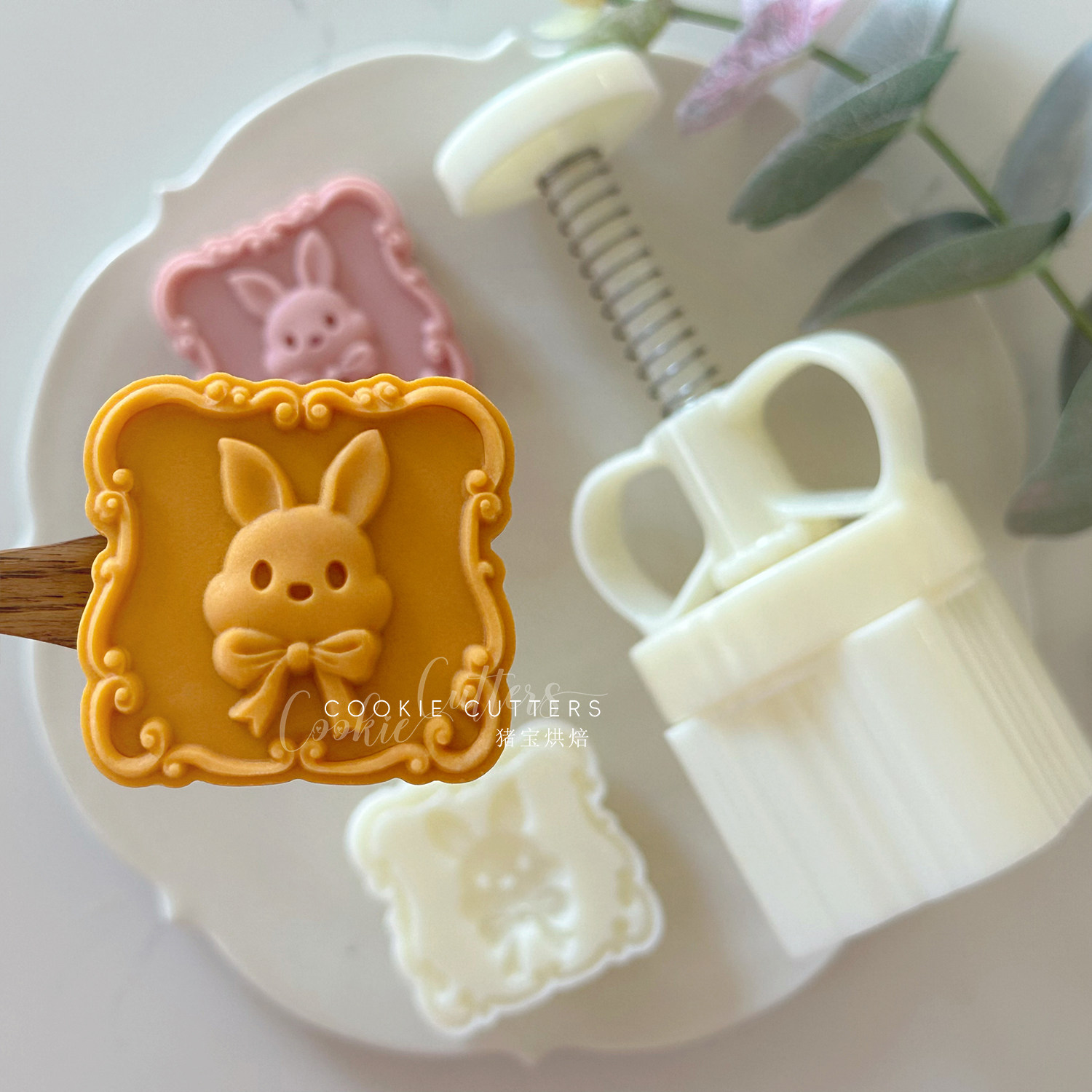 50g63g复古法式兔中秋节月饼模具 立体蝴蝶结小兔子绿豆糕手压模