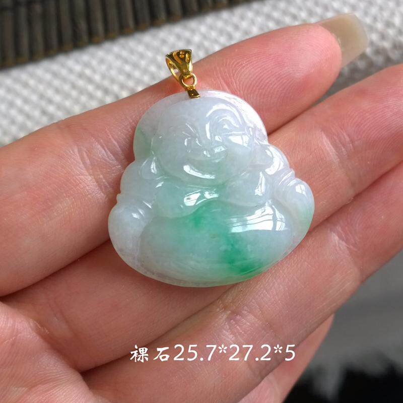 天然缅甸玉A货翡翠吊坠白底飘绿翡翠佛 弥勒佛 佛公18K金扣不含链
