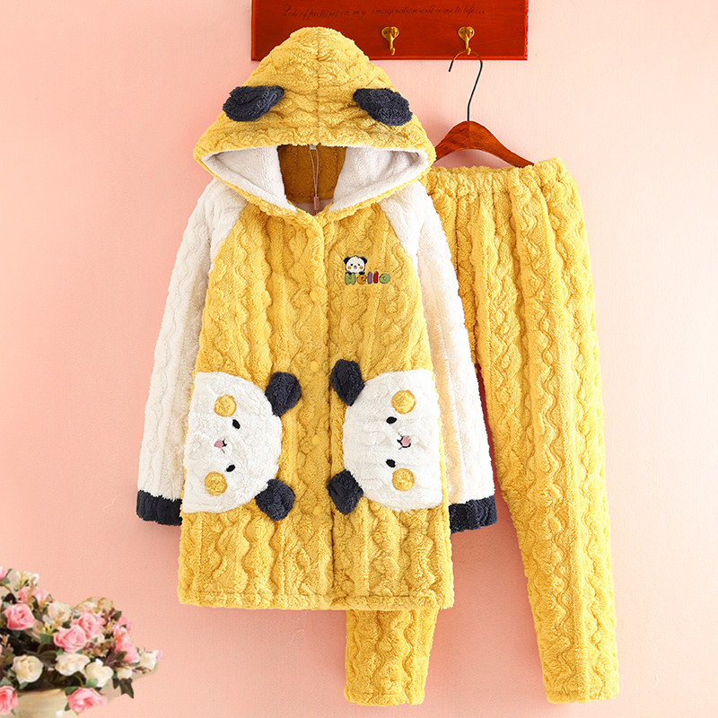 个性中长款珊瑚绒夹棉睡衣女冬三层加厚保暖法兰绒卡通可爱家居服