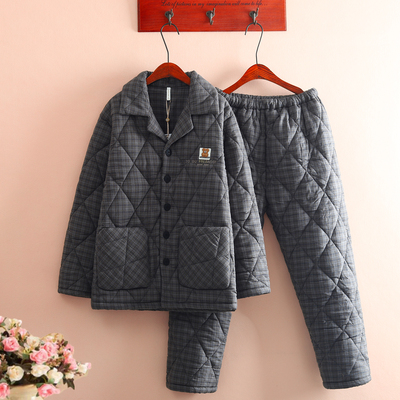 帅气男士全棉色织格夹棉睡衣加厚