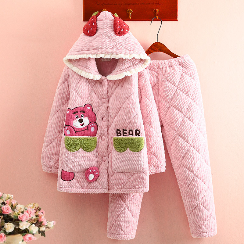 软萌可爱蛋糕绒夹棉睡衣女冬三层加厚珊瑚绒卡通小熊连帽家居服套