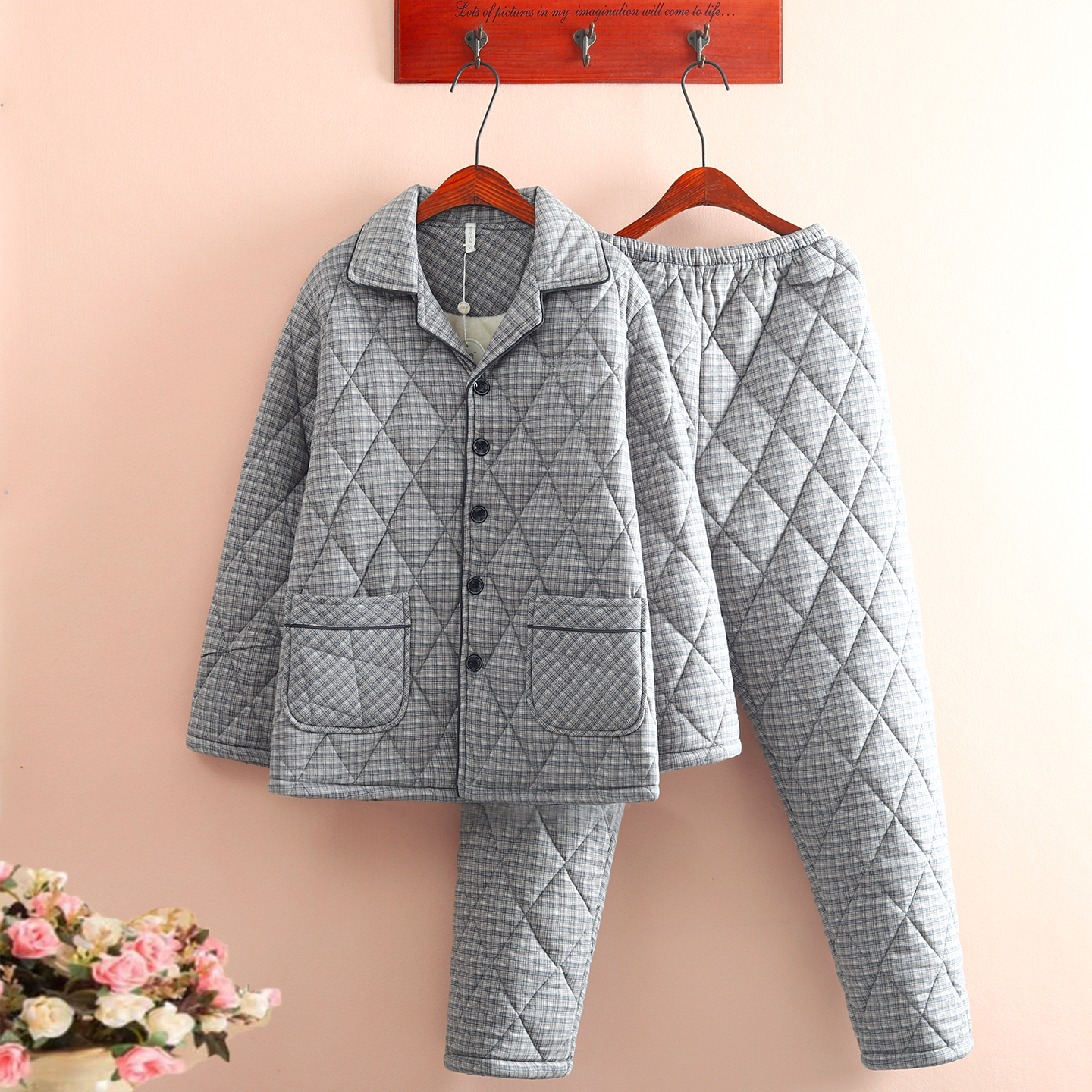 男士纯棉加绒夹棉睡衣冬三层加厚