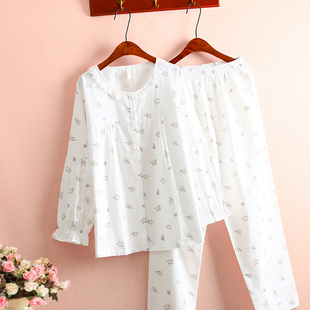 超美小碎花100%全棉斜纹布睡衣女春夏薄款长袖公主风泡泡袖家居服