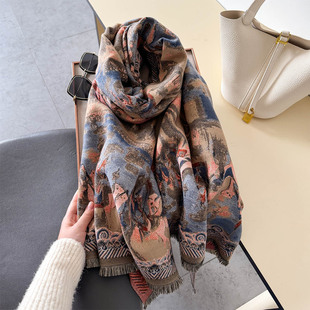 敦煌油画秋冬加厚围巾旅游外搭披肩防风御寒提花高档围脖披肩