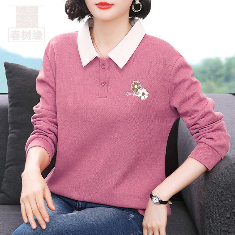 紫粉色polo领卫衣女秋冬2026新款遮肚子宽松上衣加厚妈妈装打底衫