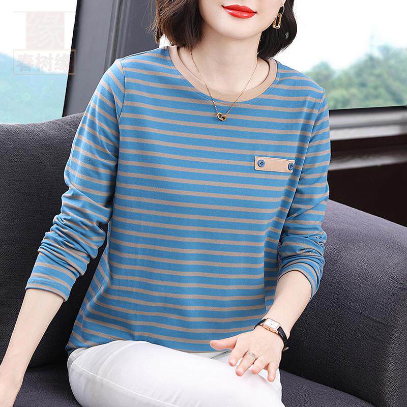 条纹纯棉长袖T恤女2026秋装新款宽松大码打底衫休闲套头圆领上衣