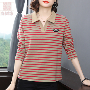 上衣中年妈妈t恤打底衫 春秋条纹卫衣女薄款 polo领宽松遮肉新款