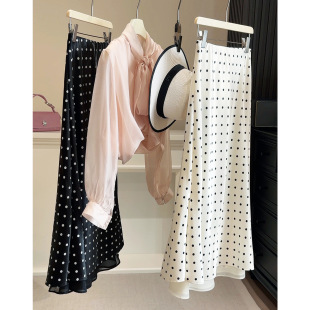 波点醋酸缎面丝滑拼接半身裙女 实体店229 林小雅专享