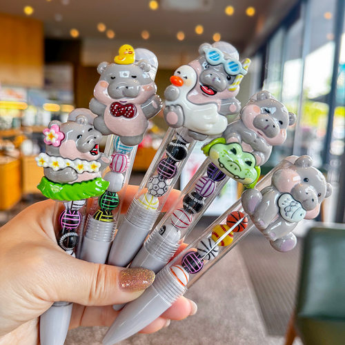 可爱moodeng河马卡通按动笔高颜值手感好小学生圆珠笔蓝芯少女心