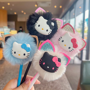 创意可爱小猫耳朵造型圆珠笔少女心高颜值毛绒球插套笔