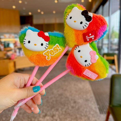 可爱圆滚滚彩虹hallo kitty圆珠笔签字笔黑笔毛绒绒笔礼物笔可爱