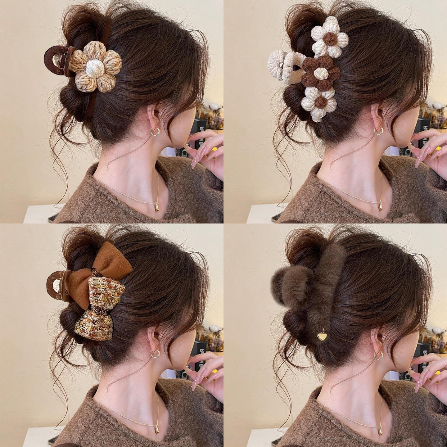 秋冬花朵毛绒抓夹女高级感后脑勺盘发鲨鱼夹2025新款百搭发卡头饰