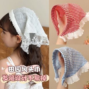 儿童彩色格子头巾防滑发箍田园风蕾丝边三角巾女童宝宝头箍发卡
