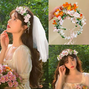 山茶花森系花环头饰成人儿童花朵头箍新娘头纱汉服氛围感头花发饰