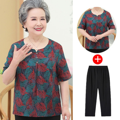 老年人夏装女棉绸妈妈短袖T恤60-