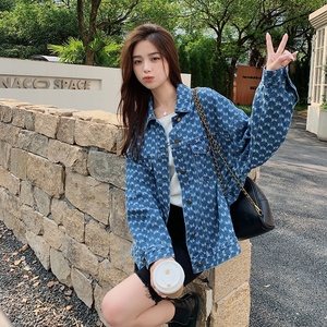 流行字母设计感牛仔外套女2025春秋季新款时尚百搭长袖polo领衬衫图片