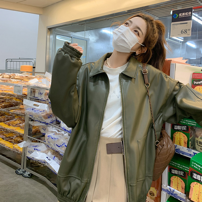 复古绿色皮衣外套女2025春季新款港风高级感宽松休闲小个子夹克潮,女装皮衣,淑塔可可