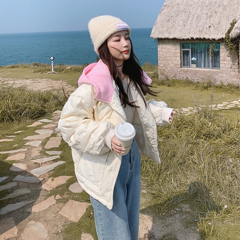【新款现货】，小个子撞色菱格绣花连帽羽绒服151-1288-P205-K298图片