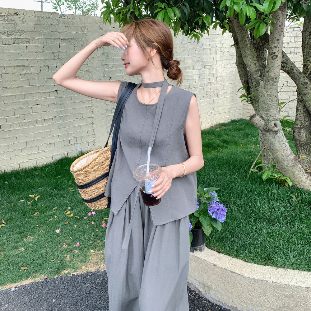 现货，无袖上衣阔腿裤清凉套装2B203-1553-P155-K228，女装套装/套裙，淑塔可可