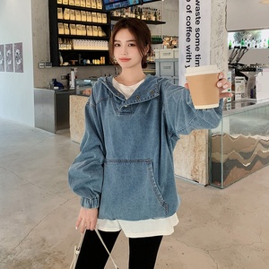 浅色套头牛仔外套女2025年春秋新款小个子设计小众连帽休闲卫衣潮图片