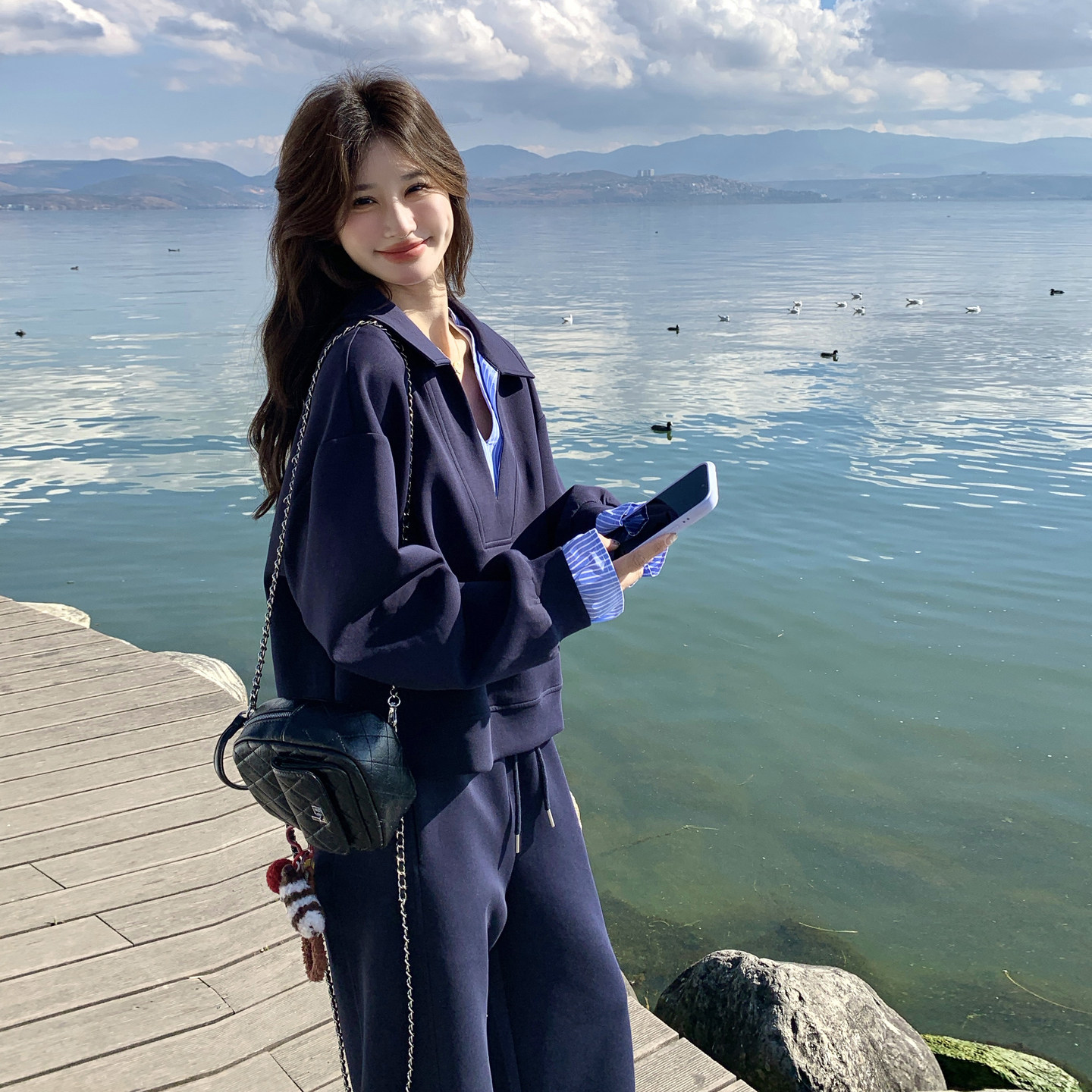 春季新款条纹拼接假两件卫衣151-1612-P175-K288，女装套装/套裙，淑塔可可