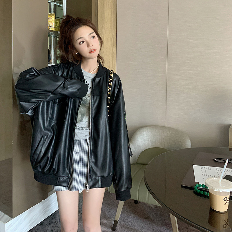 美式复古黑色皮衣外套女2025春季新款港风小个子宽松短款夹克上衣,女装皮衣,淑塔可可