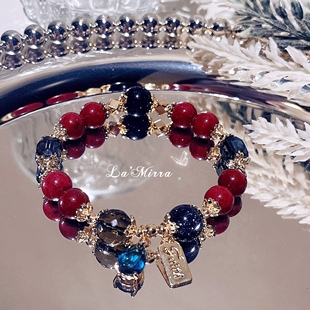 ins深海朱砂平安天然冰种黑曜石蓝砂石星空手链手串女圣诞新年礼