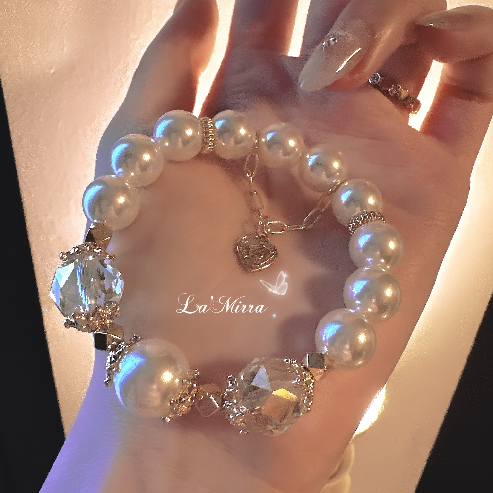 Akoya法式复古珍珠手链彩虹极光白水晶施家澳白奶油画手串礼物女