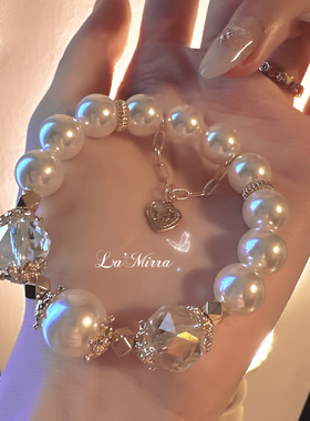 Akoya法式复古珍珠手链彩虹极光白水晶施家澳白奶油画手串礼物女