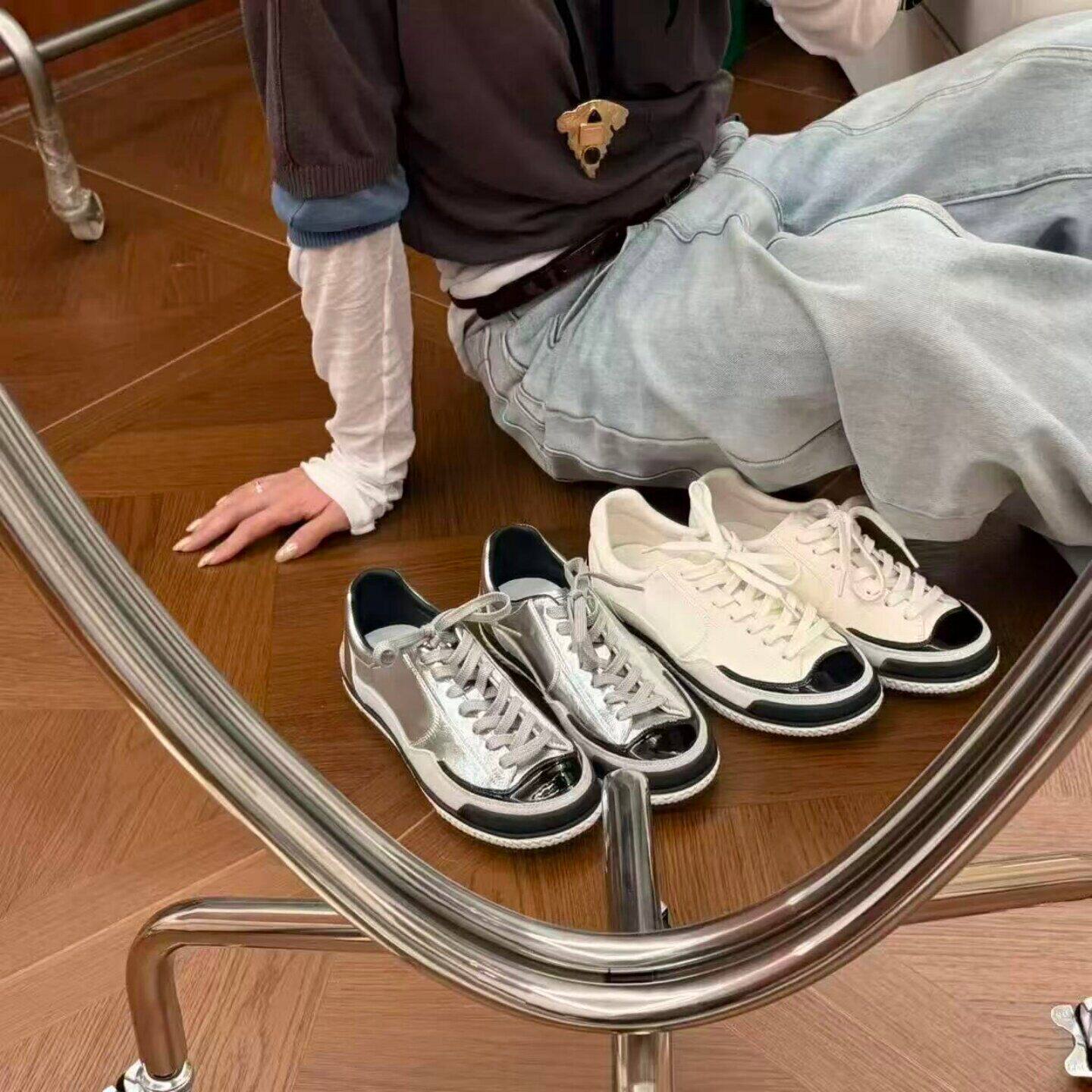 牛皮版~小香风真皮黑白熊猫拼色德训鞋女圆头系带休闲运动鞋板鞋