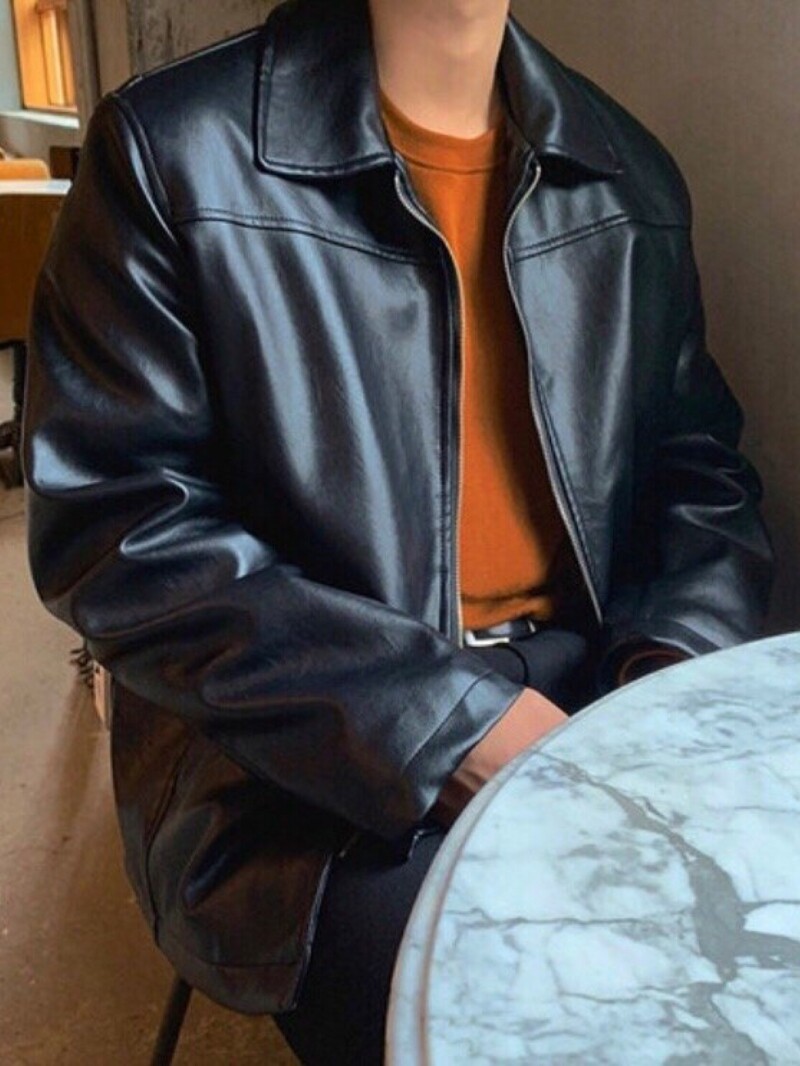 现东大门韩国代购男装冬潮流宽松短款翻领仿羊羔绒PU皮衣夹克外套