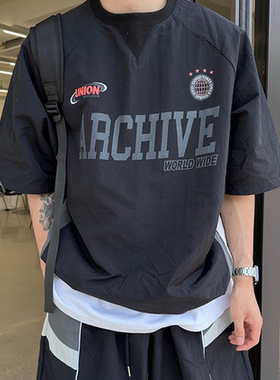 东大门韩国代购美式街头运动复古blockcore足球衣印花短袖T恤男女