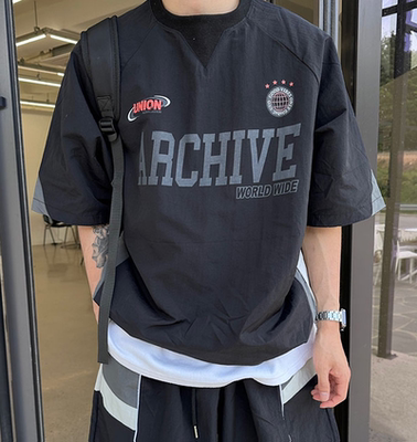 东大门韩国代购美式街头运动复古blockcore足球衣印花短袖T恤男女