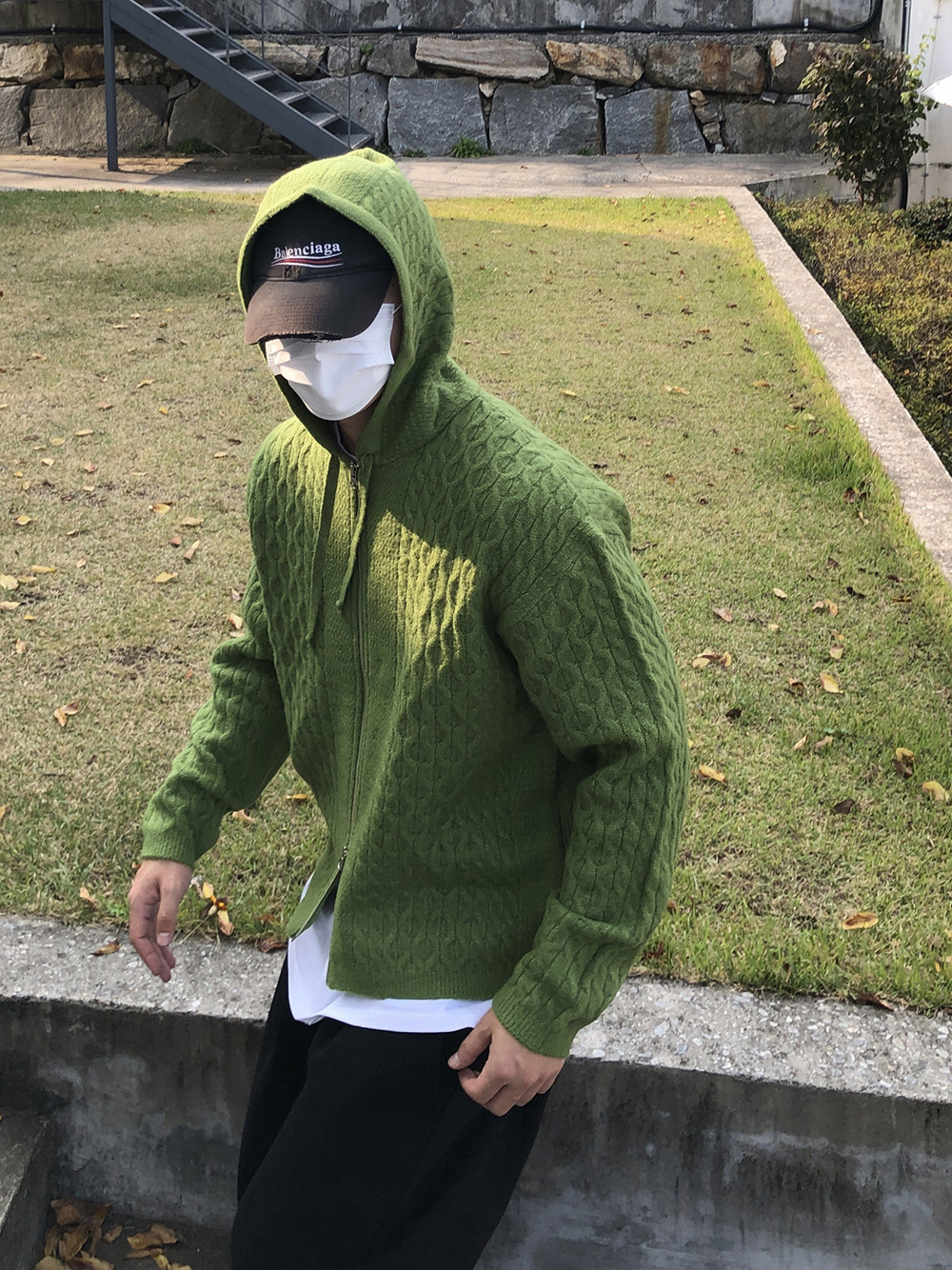 东大门韩国代购美式复古cleanfit羊毛混纺麻花连帽针织开衫外套男
