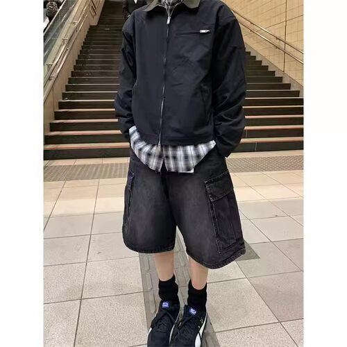 东大门韩国代购美式街头宽松cargo jorts过膝五分工装牛仔短裤男