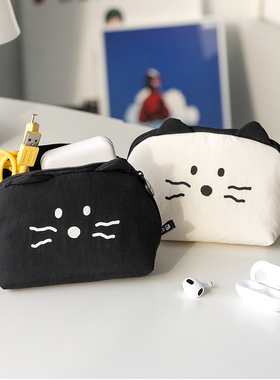 韩国ROMANE可爱猫咪卡通ins风化妆包大开口立体收纳包数码杂物包