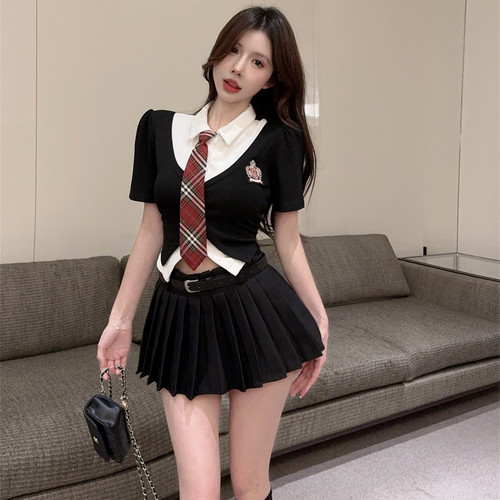jk制服假两件上衣高腰百褶裙