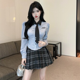 甜美jk制服套装女学院风秋冬季小个子短款衬衫高腰百褶短裙两件套